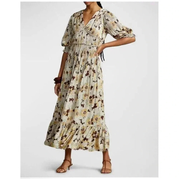 New POLO RALPH LAUREN Micro Pleated Floral Satin Midi Dress Size 4 - Picture 1 of 9